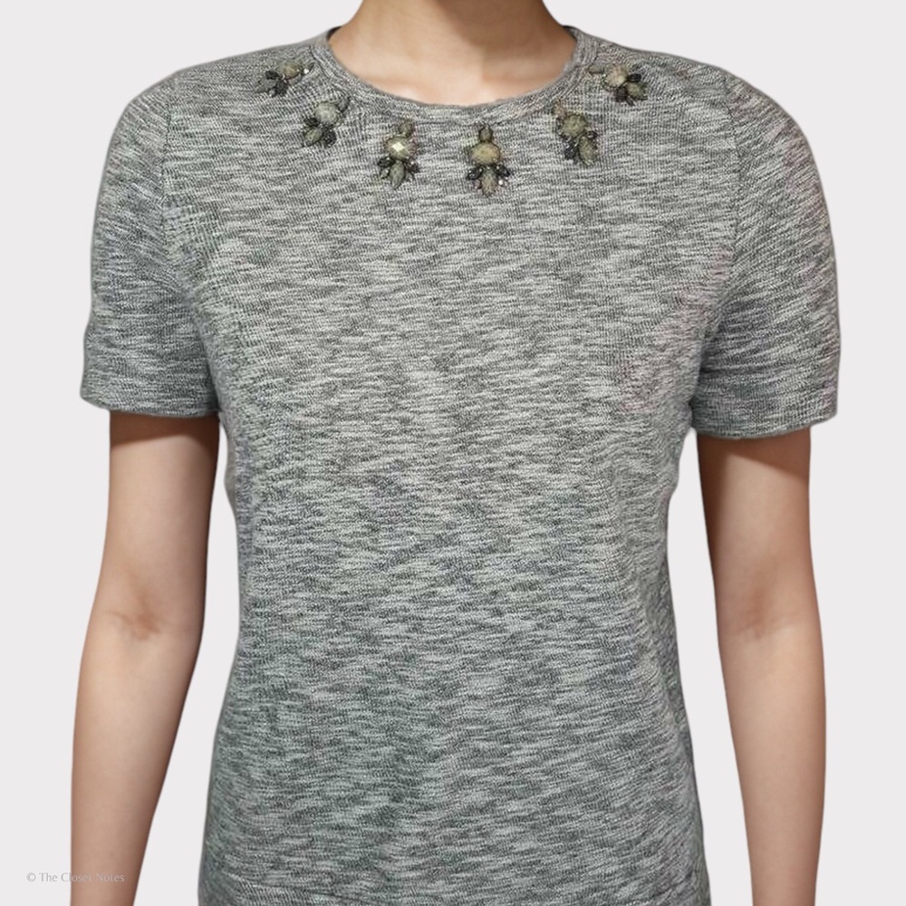 jewel neckline cozy short sleeve sweater shirt in heather grey